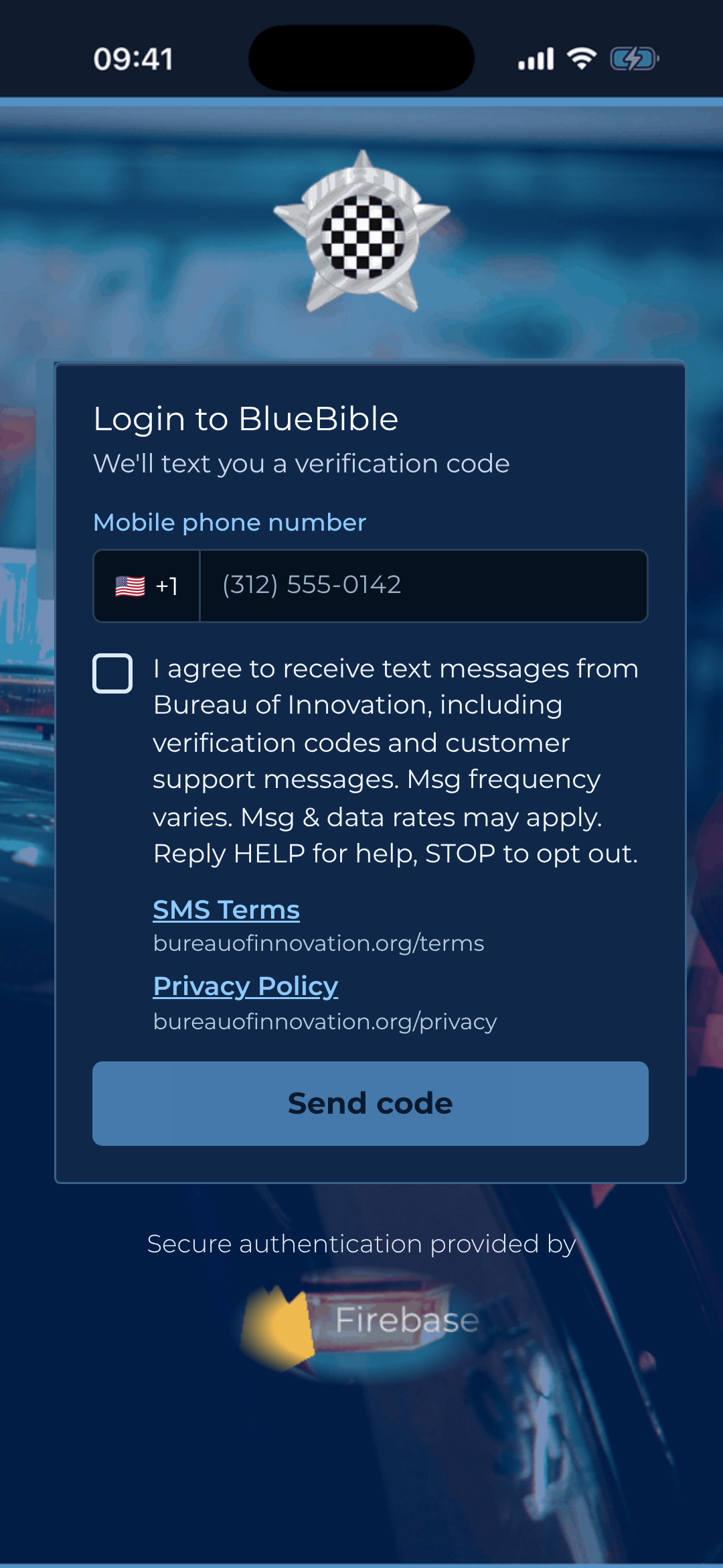 BlueBible sign-in screen with a mobile phone number field, an unchecked box agreeing to receive text messages from Bureau of Innovation including verification codes and customer support messages, with message frequency, rates, HELP and STOP disclosures, links to the SMS Terms and Privacy Policy, and a Send code button.